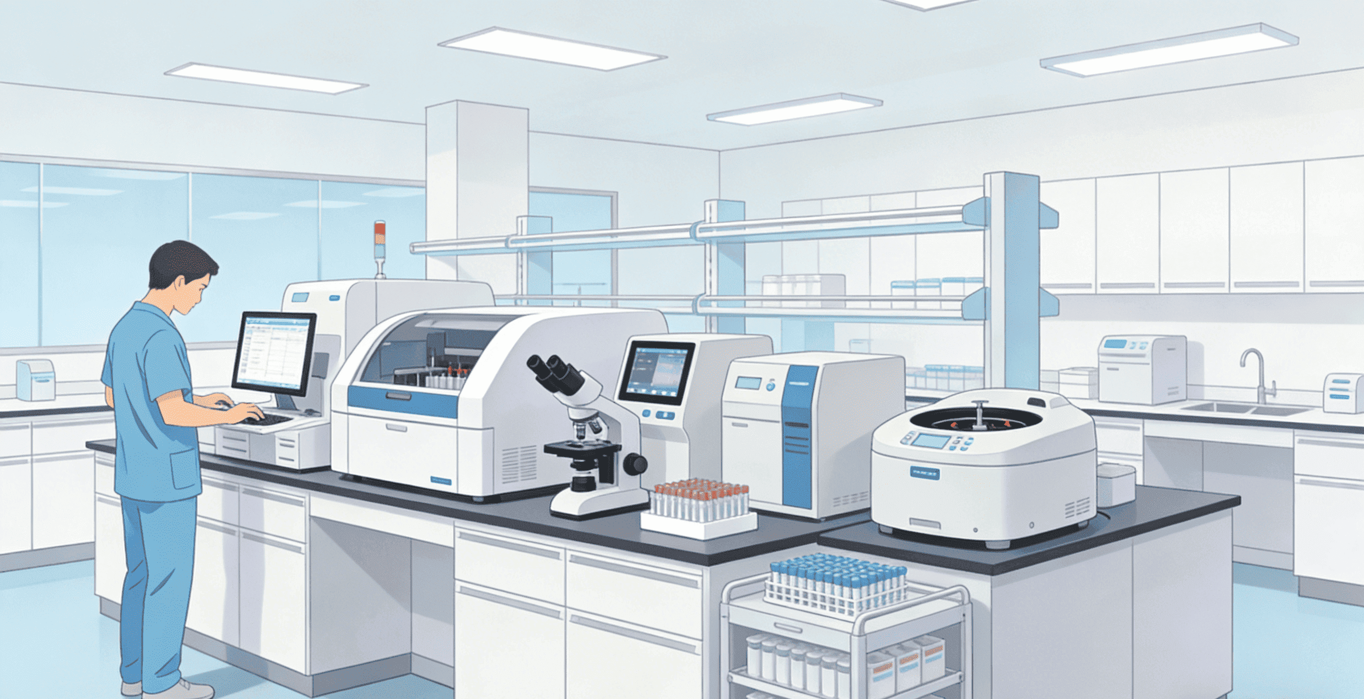 A technician operating modern medical laboratory equipment in a clinical lab setting. 'n Tegnikus wat moderne mediese laboratoriumtoerusting in 'n kliniese laboratorium-omgewing bedryf.