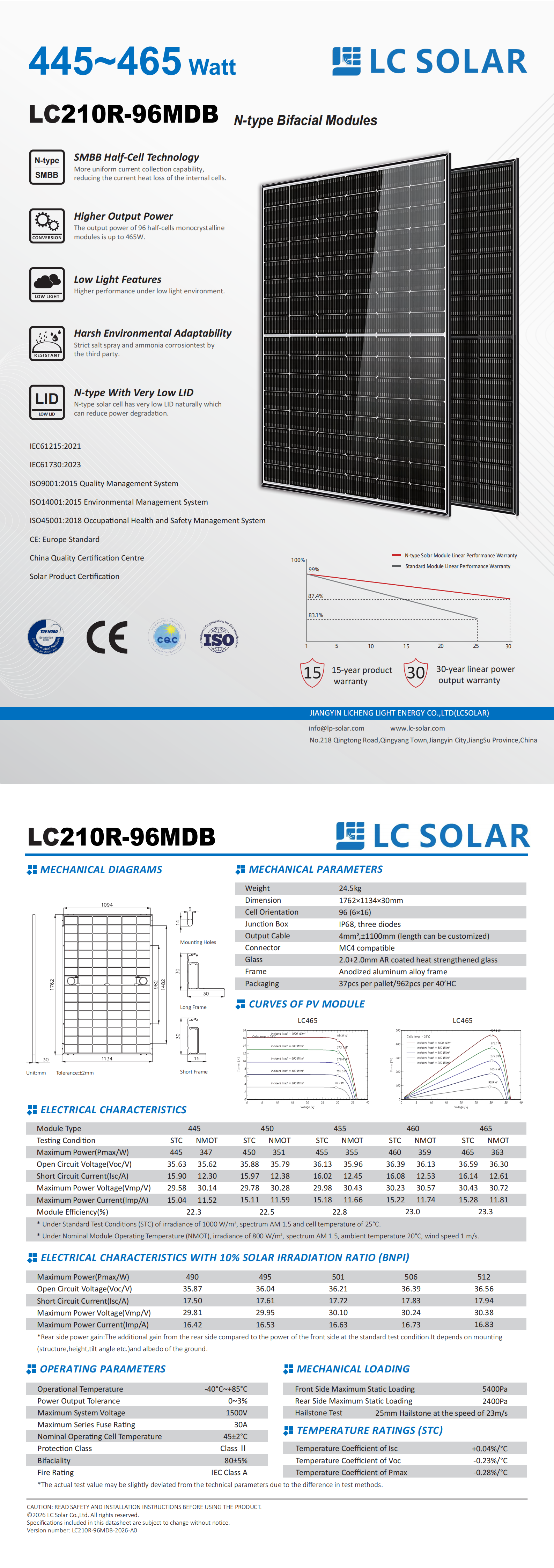 Modulo solare di tipo N industriale da 445-465 W 210 mm a 96 celle