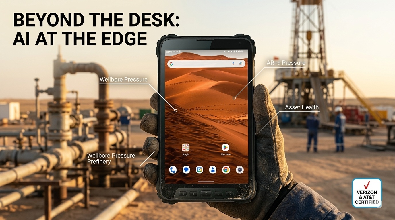 Field technician using an AI-ready rugged tablet for predictive maintenance on heavy machinery. فني ميداني يستخدم جهازًا لوحيًا قويًا جاهزًا للذكاء الاصطناعي للصيانة التنبؤية للآلات الثقيلة.