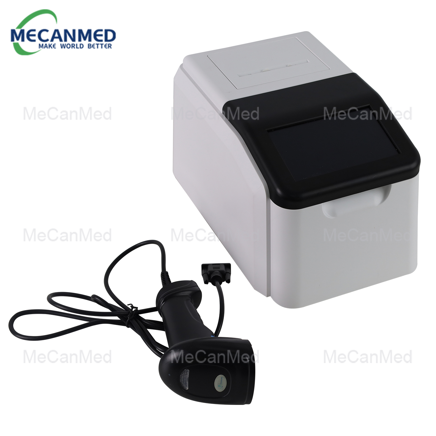2.1 टचस्क्रीन और कनेक्टेड बारकोड स्कैनर के साथ MECANMED पोर्टेबल ड्राई केमिस्ट्री विश्लेषक।