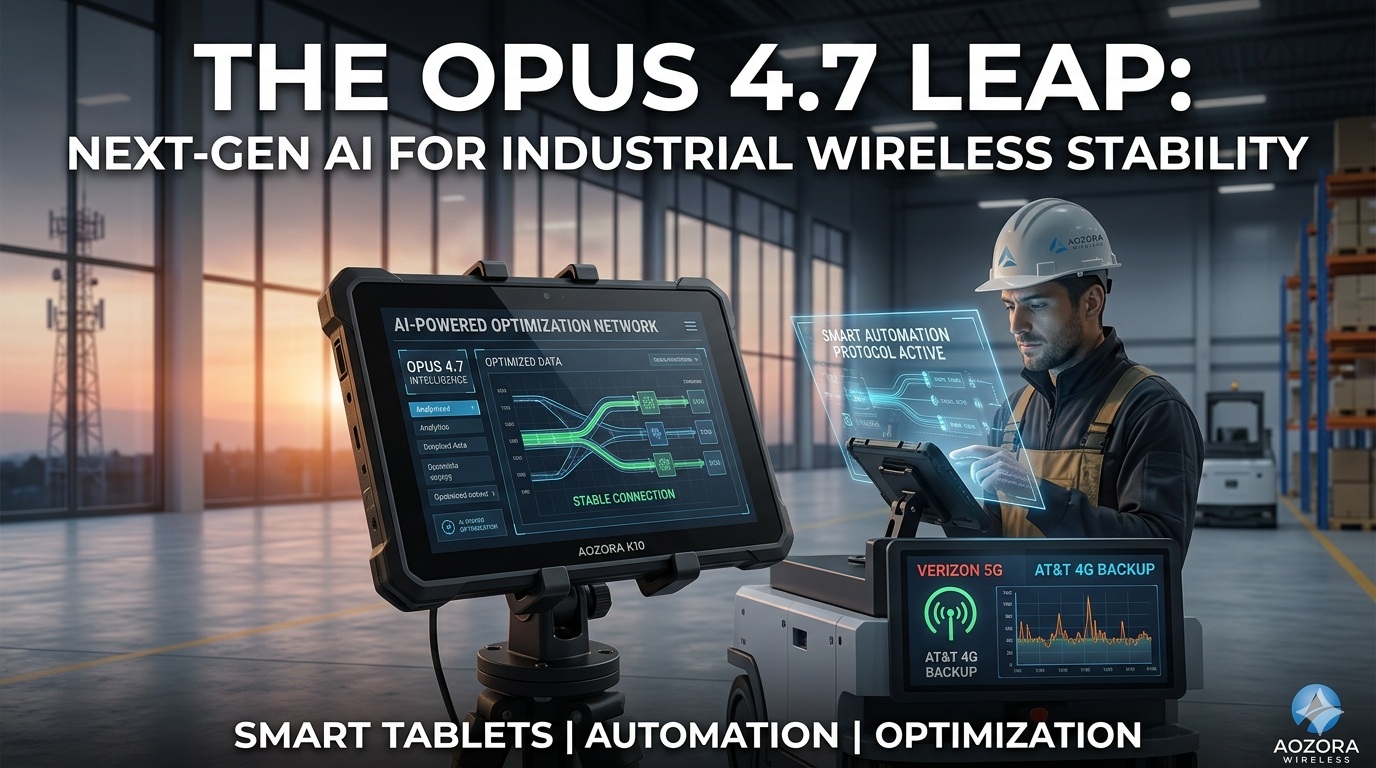 Industrial rugged tablet running Opus 4.7 AI diagnostics on a factory floor Robustes Industrie-Tablet mit Opus 4.7 AI-Diagnose in einer Fabrikhalle