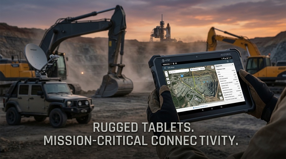 Rugged Verizon tablet being used in extreme outdoor field conditions Robustes Verizon-Tablet für den Einsatz unter extremen Außenbedingungen
