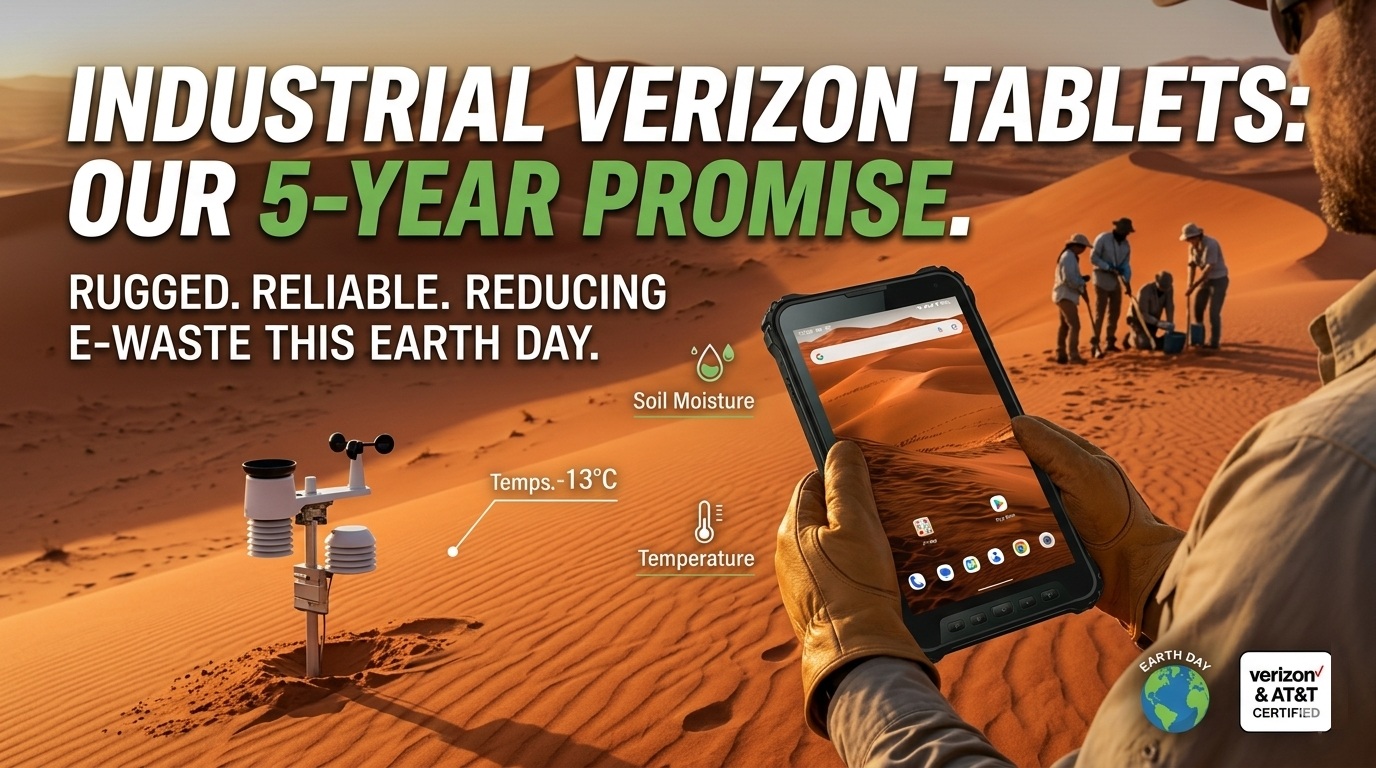 Field worker using an at&t rugged tablet for environmental monitoring عامل ميداني يستخدم جهازًا لوحيًا متينًا من شركة at&t للمراقبة البيئية