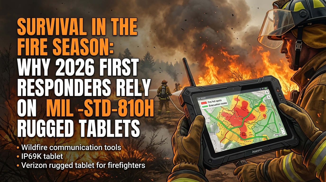 Aozora K8 Active MIL-STD-810H rugged tablet in smoky wildfire zone Máy tính bảng chắc chắn Aozora K8 Active MIL-STD-810H trong vùng cháy rừng đầy khói