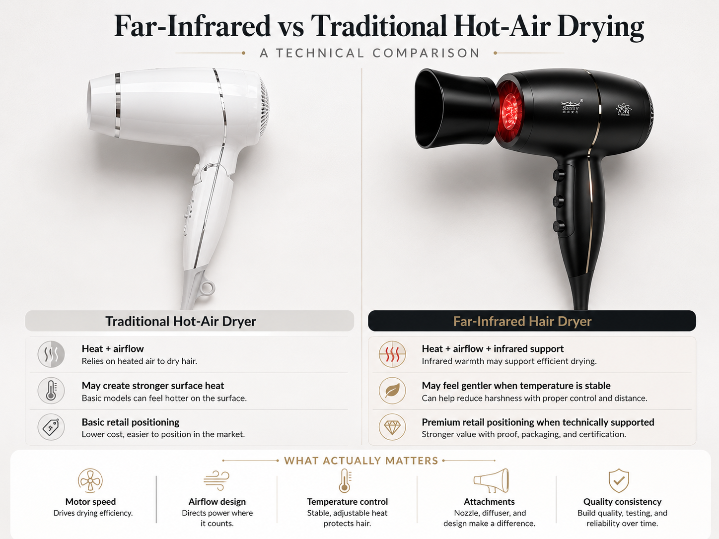 Far-Infrared vs Traditional Hot-Air Hair Dryer: Technical Comparison So sánh máy sấy tóc hồng ngoại xa và máy sấy không khí nóng truyền thống cho thấy luồng khí, khả năng kiểm soát nhiệt độ, phụ kiện và tính nhất quán về chất lượng