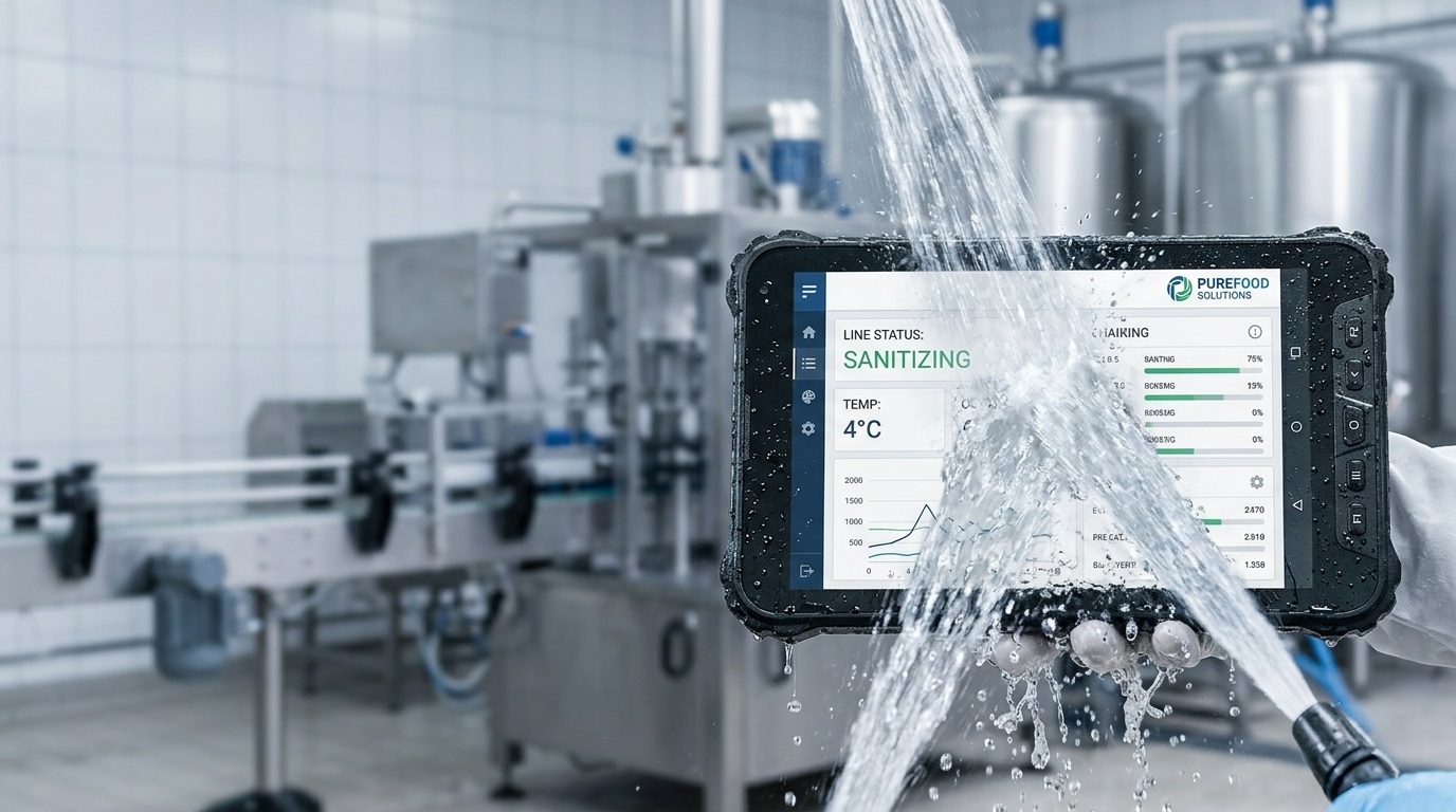 Waterproof industrial tablet sprayed down with high-pressure water jets in a meat processing facility. Vodotěsná průmyslová tableta stříkaná vysokotlakými vodními tryskami v zařízení na zpracování masa.