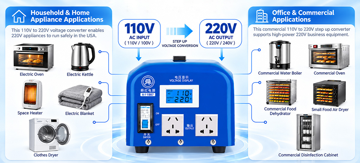 Shunhong 110V to 220V Transformer - Household & Commercial Appliance Applications Shunhong 2000W-5000W 110V až 220V zrychlující aplikace transformátorů pro domácí spotřebiče, jako jsou elektrické trouby a ohřívače prostoru, a komerční zařízení, jako jsou vodní kotle a sušičky potravin.