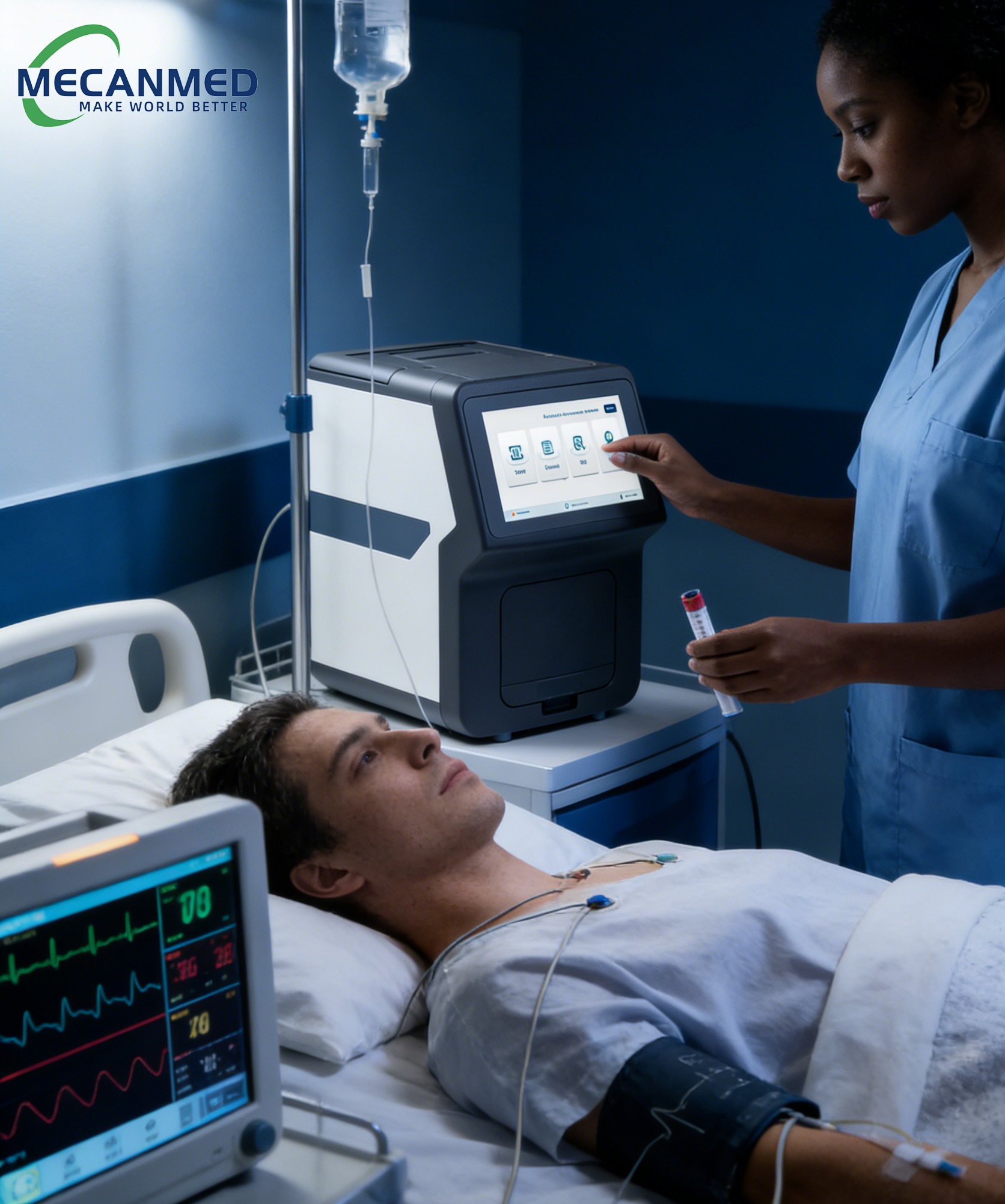 یک متخصص مراقبت های بهداشتی از یک آنالایزر شیمی خشک MECANMED برای آزمایش نقطه مراقبت در کنار بالین بیمار استفاده می کند.