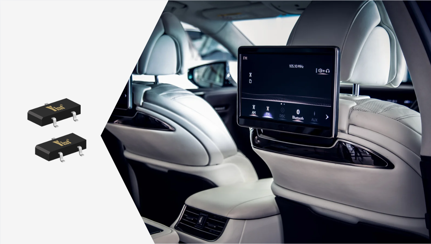 Radharc ar an taobh istigh de ghluaisteán le córas chun cinn infotainment, featuring Zener agus TVS Diodes do chosaint ESD i gcomhpháirteanna leictreonacha.