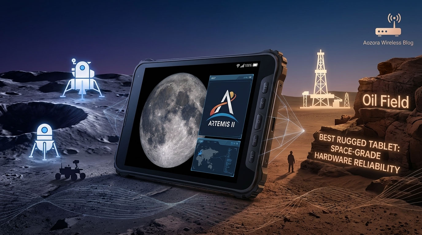 Robustes K8 Active-Tablet mit Monderkundungsdaten neben leuchtenden Artemis-Missionsgrafiken in einer Mondlandschaft