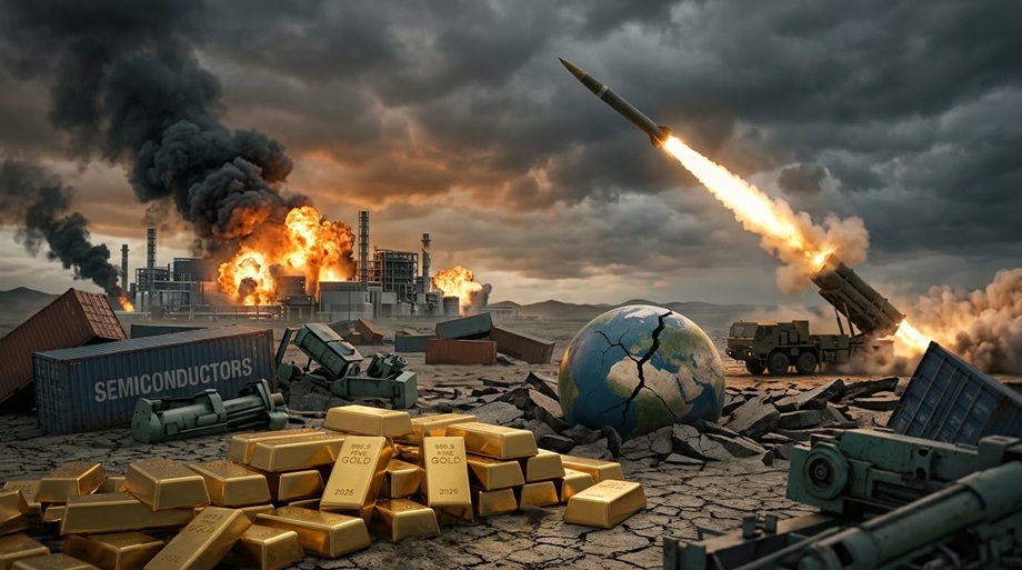 La crise des semi-conducteurs de 2026 visualis&eacute;e avec des lingots d'or, des missiles et des tablettes robustes