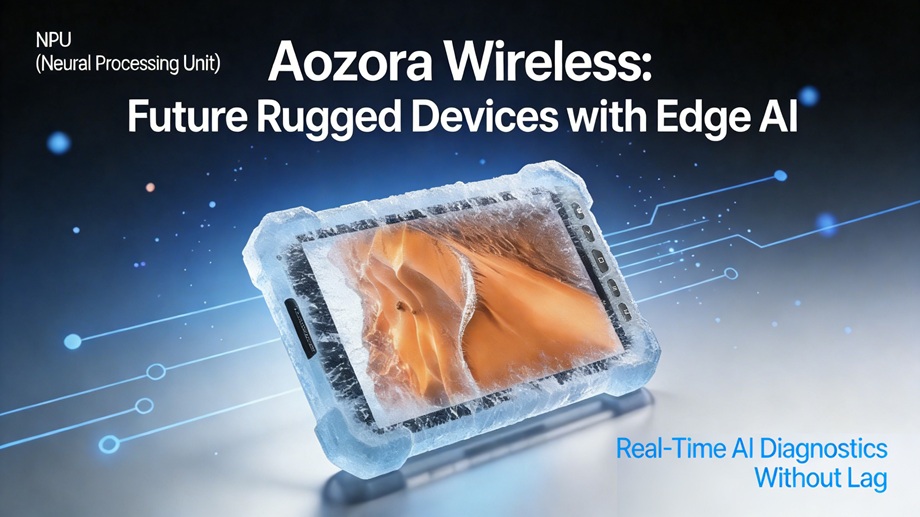 Tablette robuste Aozora K8 Active affichant des analyses de donn&eacute;es d'IA en temps r&eacute;el sur un &eacute;cran haute luminosit&eacute; de 600 nits dans un environnement ext&eacute;rieur lumineux.
