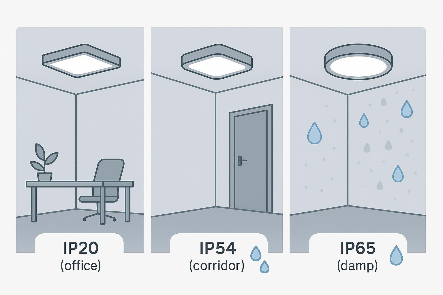 IP-Schutzarten f&uuml;r B&uuml;ros, Flure und Feuchtbereiche mit Auswahl zwischen IP20, IP54 und IP65