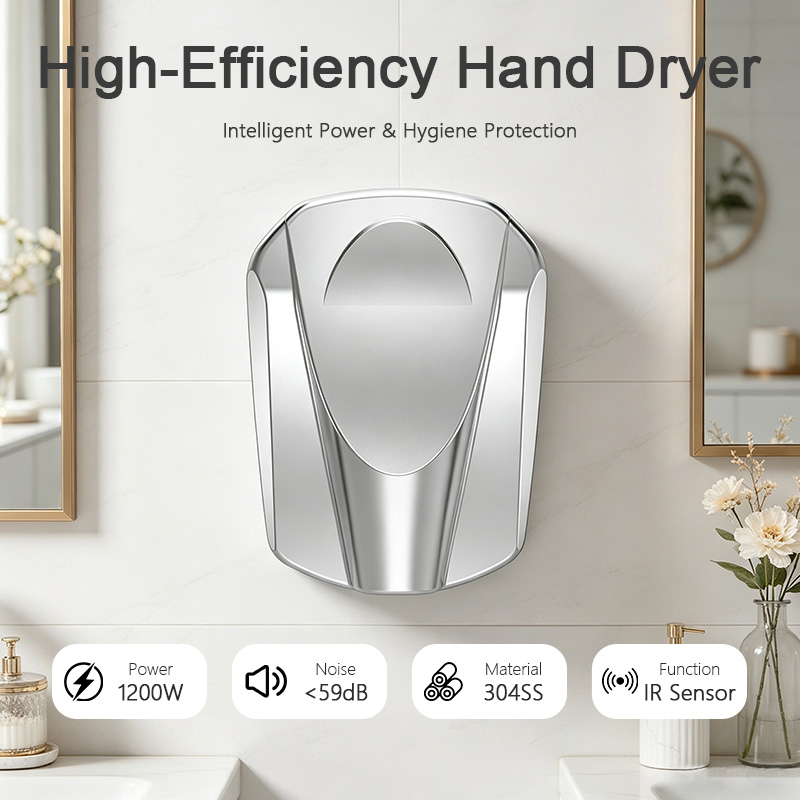 S&egrave;che-mains automatique mural commercial avec bo&icirc;tier en acier inoxydable 304, capteur IR, puissance de 1 200 W et faible bruit inf&eacute;rieur &agrave; 59 dB