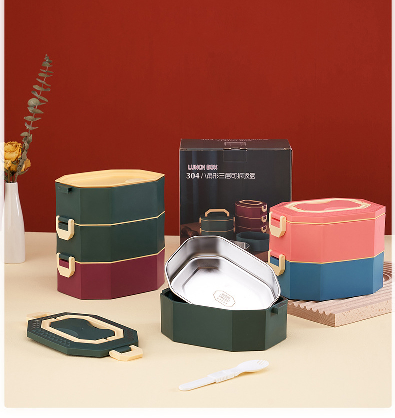 304 зэвэрдэггүй ган найман өнцөгт өдрийн хоолны дулаалгатай олон давхаргат хоол хадгалах сав, хутганы хамт