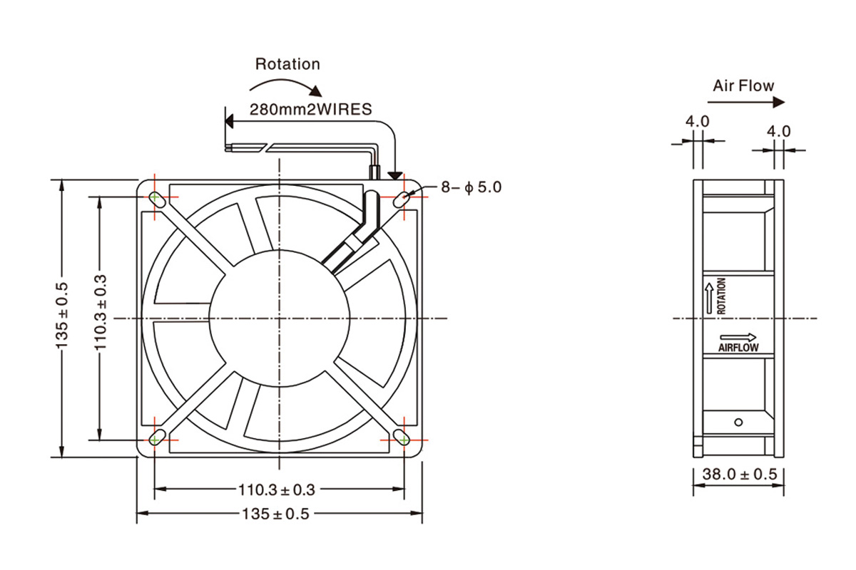Dessin du ventilateur AC 135x38mm