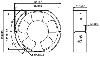 Dibujo del ventilador CC de 172x150x51 mm