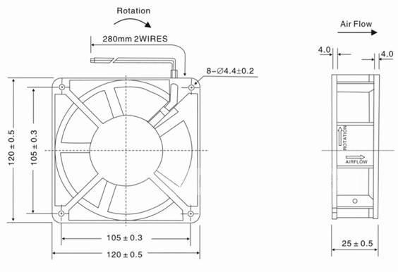 Disegno ventola interamente in metallo 120x25mm