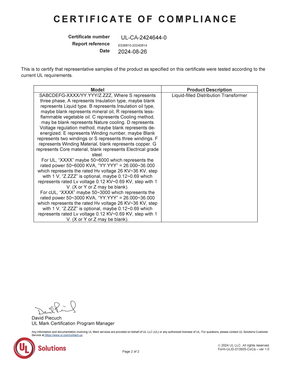 E539810-20240814-سرٹیفیکیٹ آف کمپلائنس (UL-CAN) 2