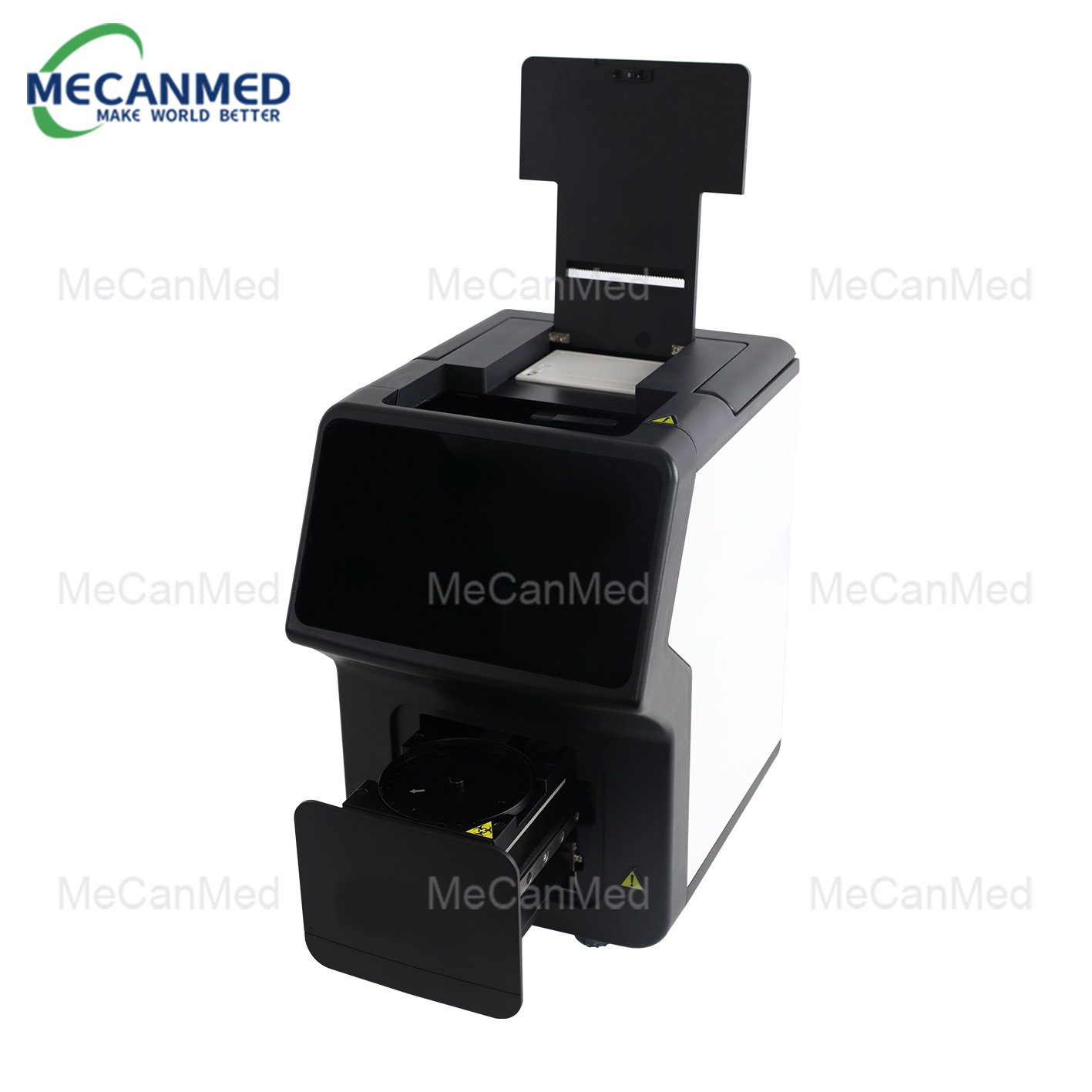 A MECANMED Fullly Automated Dry Chemistry Analyzer nwere ọnụ ụzọ ohere ya mepere emepe, na-ekpughe akụkụ ime na sistemụ reagent.