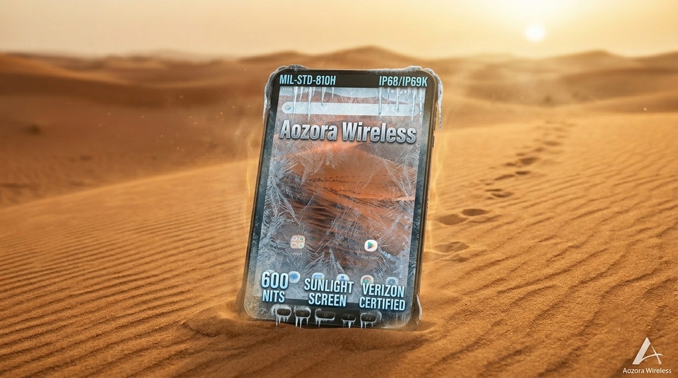 Wytrzymały tablet z Androidem Aozora działający w bezpośrednim letnim świetle słonecznym, przy zerowym odblasku na ekranie.