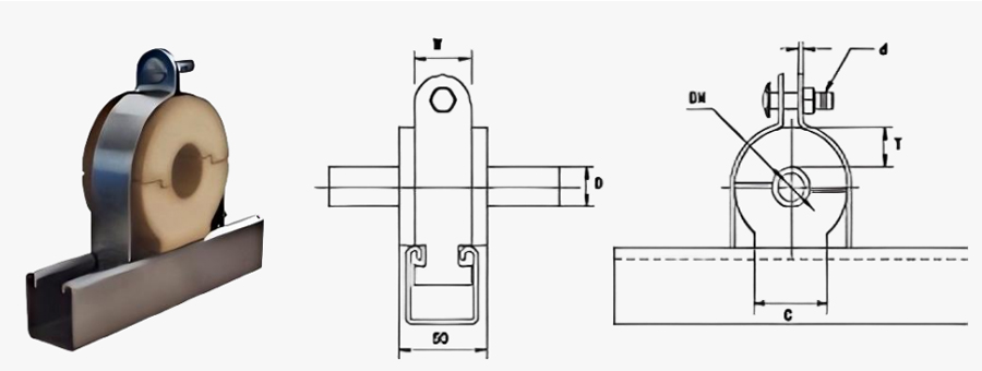 Rendering 3D del supporto per tubo isolato in schiuma e disegni tecnici con dimensione doppia