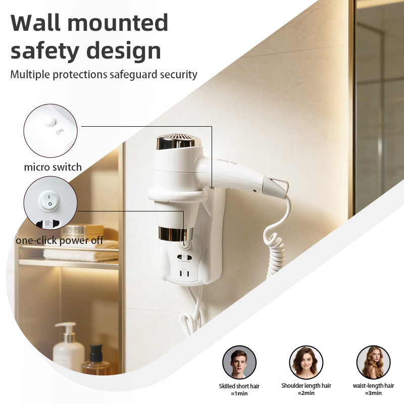Asciugacapelli per hotel a parete con microinterruttore a pressione, spegnimento con un clic e supporto da bagno salvaspazio