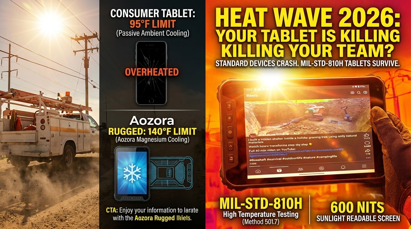 Industrial rugged tablet mounted on an utility truck dashboard under direct sunlight during a heat wave แท็บเล็ตอุตสาหกรรมที่ทนทานซึ่งติดตั้งบนแผงหน้าปัดรถบรรทุกอเนกประสงค์ภายใต้แสงแดดโดยตรงในช่วงคลื่นความร้อน
