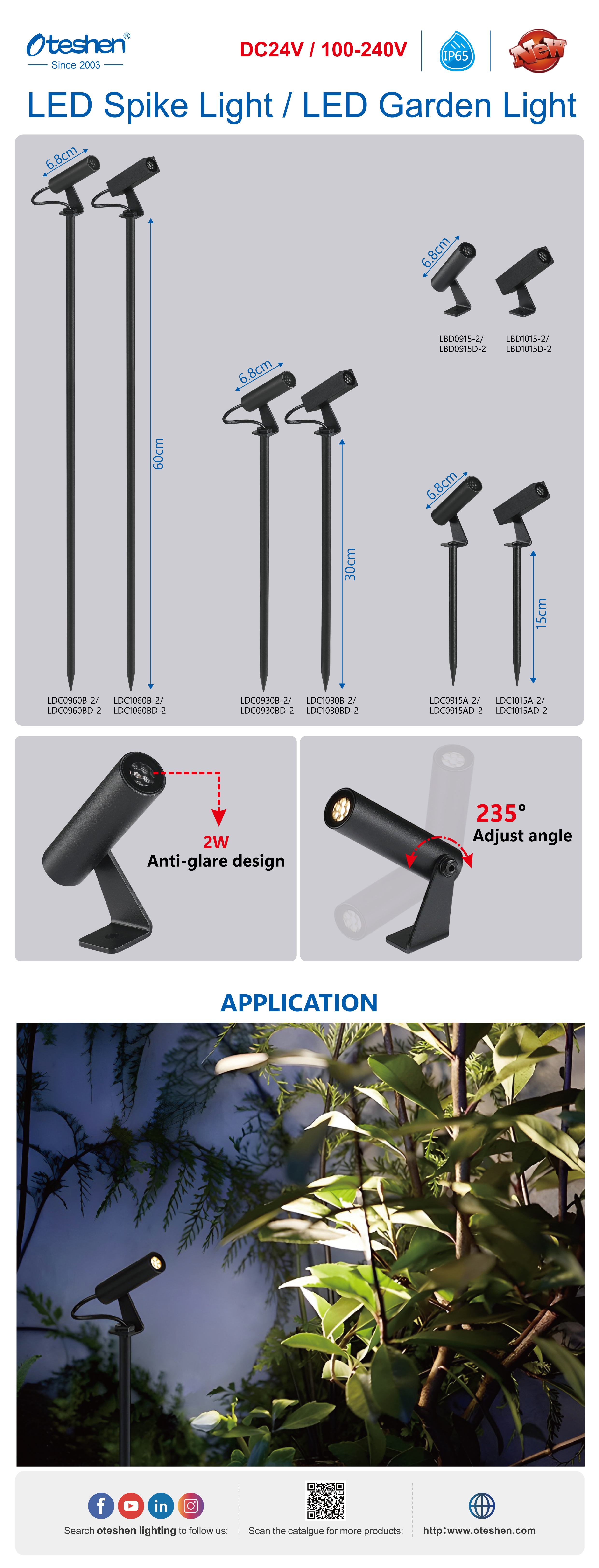 Oteshen LDC LBD series 2W IP65 LED garden spike light, 235° adjustable anti-glare tree uplight, 15/30/60cm spike stake and wall mount base, DC24V AC100-240V black aluminum outdoor landscape spotlight for garden tree lighting Oteshen LDC LBD-reeks 2W IP65 LED tuinspykerlig, 235° verstelbare anti-glans boomlig, 15/30/60cm spitspen en muurmonteerbasis, DC24V AC100-240V swart aluminium buiteluglandskapkollig vir tuinboombeligting