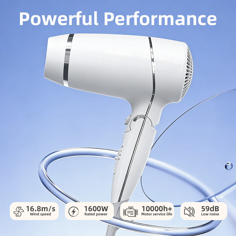 Secador de pelo i&oacute;nico plegable con potencia de 1600 W, flujo de aire de 16,8 m/s y bajo nivel de ruido de 59 dB