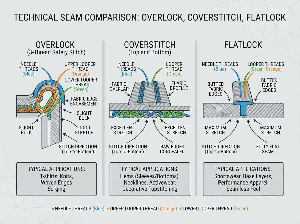 Overlock, Coverstitch, Flatlock оёдлын хөндлөн огтлолыг харуулсан техникийн зураг
