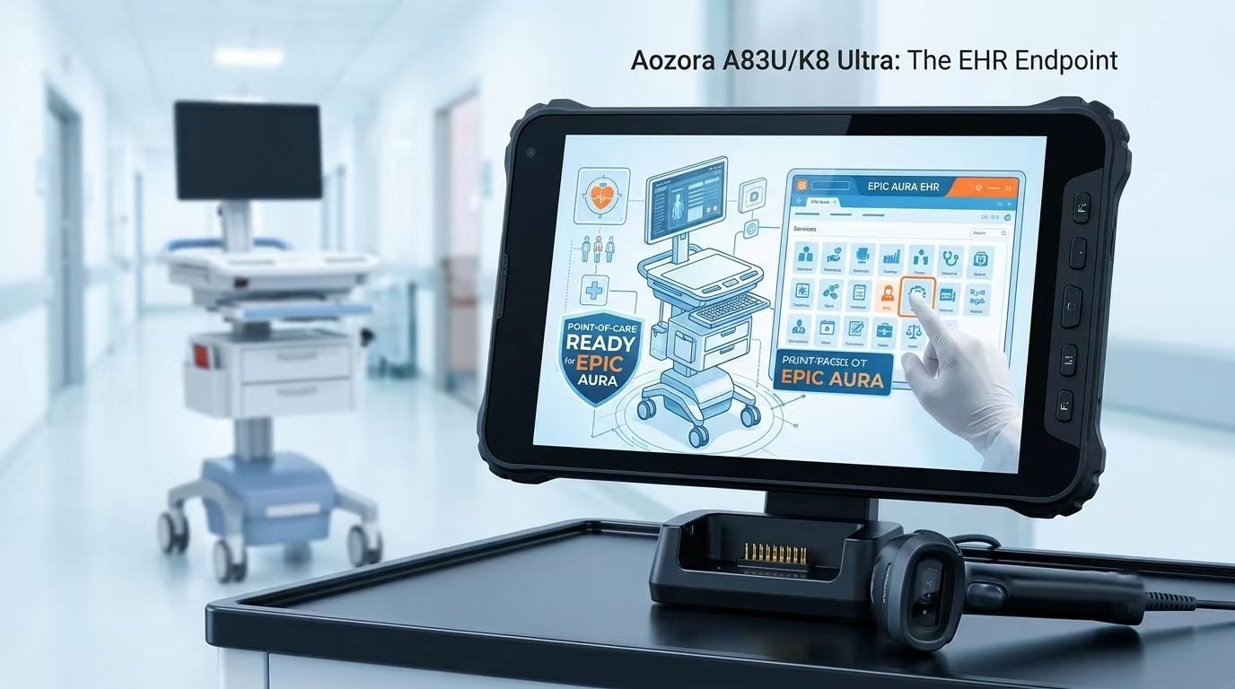 แท็บเล็ตที่ทนทาน Aozora ติดตั้งอยู่บนเวิร์กสเตชันทางคลินิกของโรงพยาบาลบนล้อที่ใช้ซอฟต์แวร์ EHR