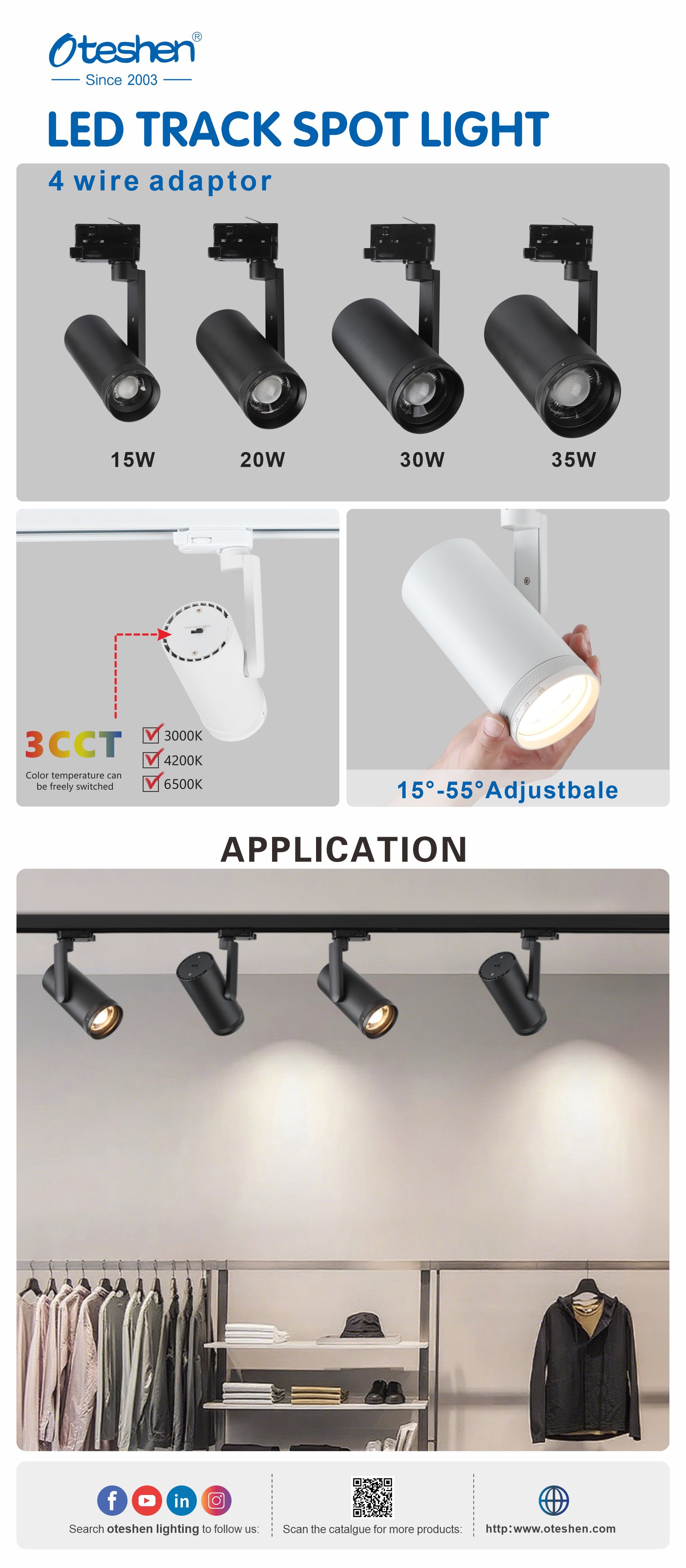Oteshen 4 simli LED &yacute;ol &ccedil;yrasy, 15W 20W 30W 35W ulaldylyp bilin&yacute;&auml;n &ccedil;yra &ccedil;yrasy, 3CCT kommutatorly, 15 &deg; -55 &deg; sazlap bol&yacute;an ş&ouml;hle bur&ccedil;y, egin-eşik d&uuml;kanlary &uuml;&ccedil;in gara ak al&yacute;umin ja&yacute;