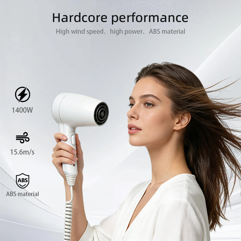 Potente secador de pelo para montaje en pared para ba&ntilde;o con potencia de 1400 W, velocidad del viento de 15,6 m/s y material ABS duradero para un uso de alto rendimiento.